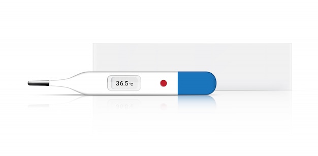 Vecteur thermomètre réaliste médical et emballage de boîte pour le contrôle de la fièvre. conception de concept d'outil d'hôpital sur fond blanc. illustration de l'objet