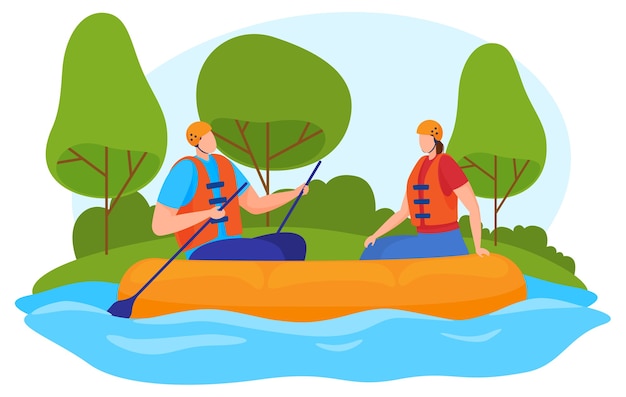 Thirisme, mode de vie actif. Un homme et une femme en rafting sur un bateau pneumatique sur la rivière. Style de bande dessinée,