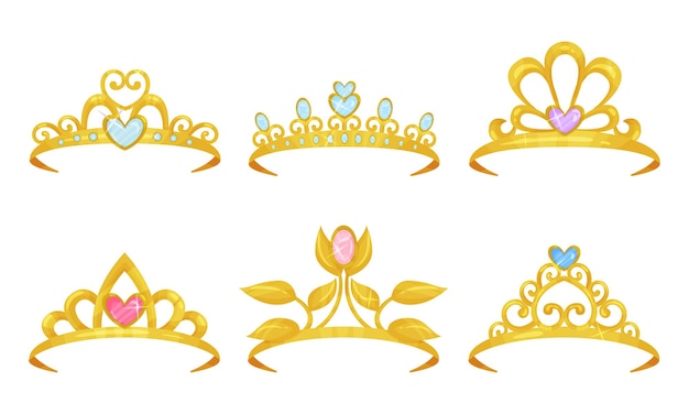 Tiaras Dorées Avec Des Pierres Précieuses Vectorielles Isolées Sur Fond Blanc