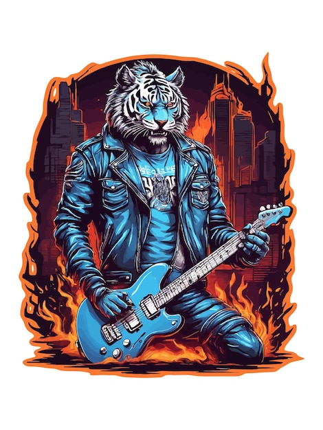 Tiger Jouant De La Guitare Rock Illustration Vectorielle Pour Les Autocollants De T-shirt Et Autres