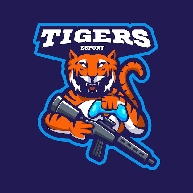 Tiger utilise un vecteur d'illustration de conception de logo de mascotte d'arme à feu et de joystick pour les jeux d'esports