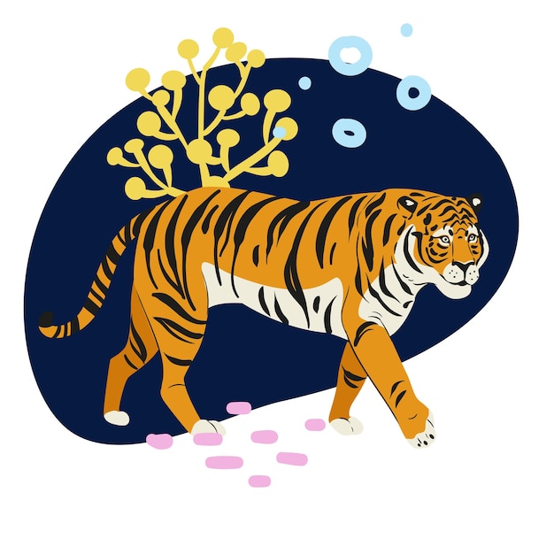 Le tigre de l'Amour va dans les plantes et les algues isolés sur fond blanc Vue latérale du tigre de vecteur en voie de disparition
