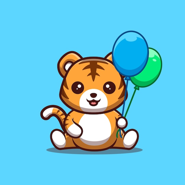 Tigre Assis Tenir Ballon Logo Mascotte Dessin Animé Mignon Kawaii Créatif