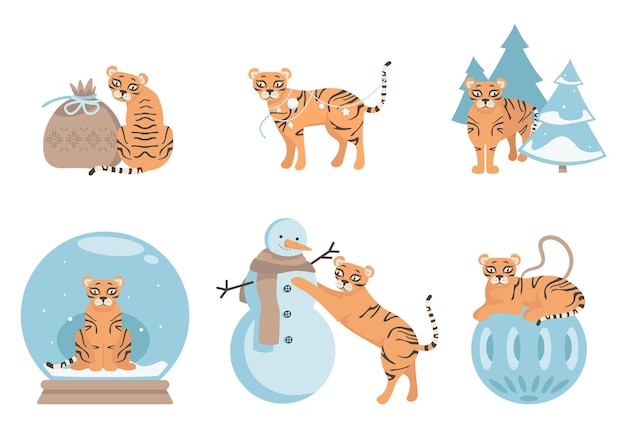 Vecteur tigre dans différentes poses animal mignon en hiver