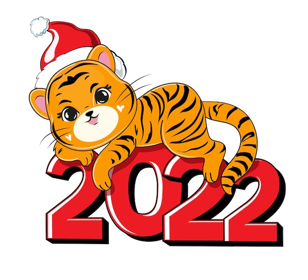 Tigre de dessin animé mignon en chapeau de père noël se trouve sur les chiffres 2022 illustration vectorielle isolée