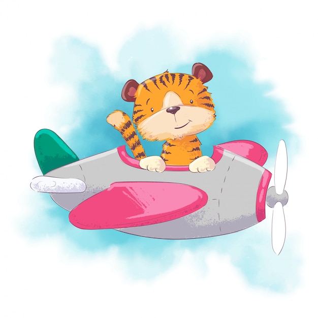 Tigre De Dessin Animé Mignon Dans Un Avion Dans Un Style Aquarelle. Illustration Vectorielle