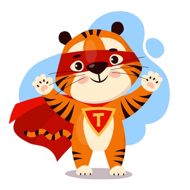 Tigre De Dessin Animé Mignon Dans Une Cape De Super-héros Rouge Symbole De L'année Du Tigre