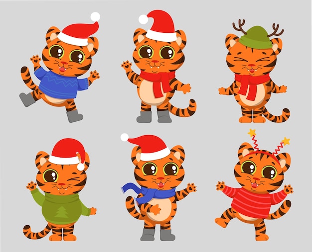 Vecteur un tigre joyeux se réjouit du nouvel an joli personnage en vêtements de noël