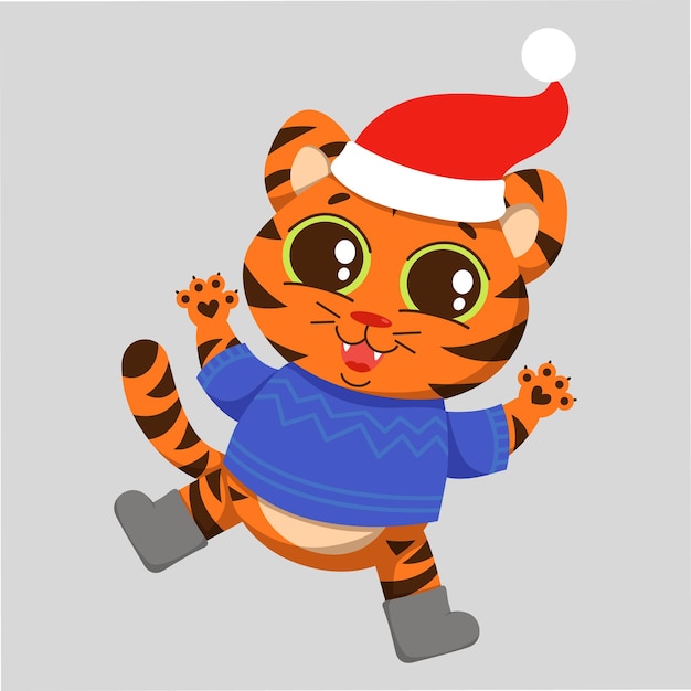 Un tigre joyeux se réjouit du Nouvel An Joli personnage en vêtements de Noël