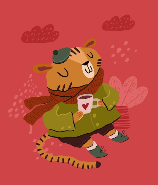 Vecteur tigre mignon appréciant une boisson au café dans une petite tasse