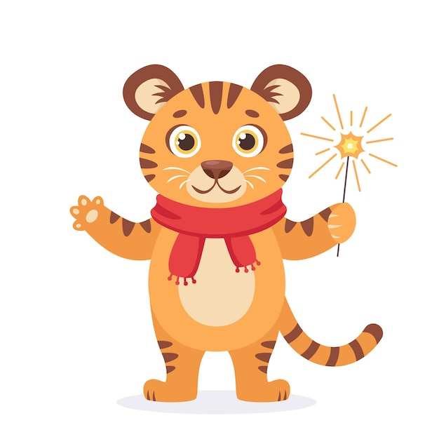 Tigre Mignon Dans Une écharpe Avec Sparkler Souhaite Un Joyeux Noël Et Une Bonne Année 2022