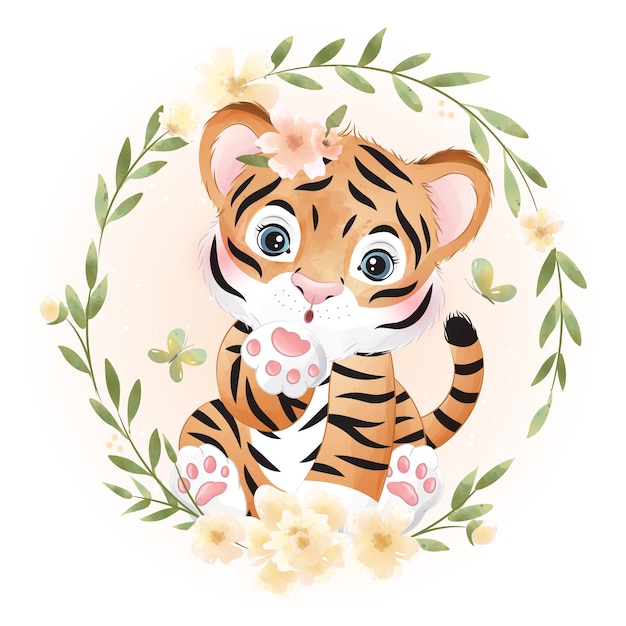 Tigre mignon doodle avec illustration aquarelle