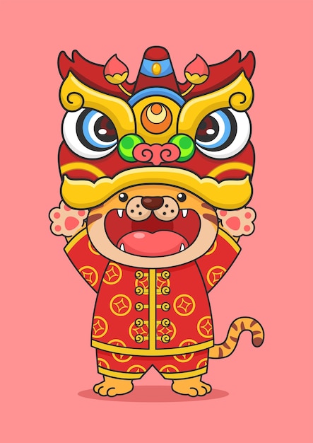 Tigre Mignon Du Nouvel An Chinois Tenant La Tête De Danse Du Lion