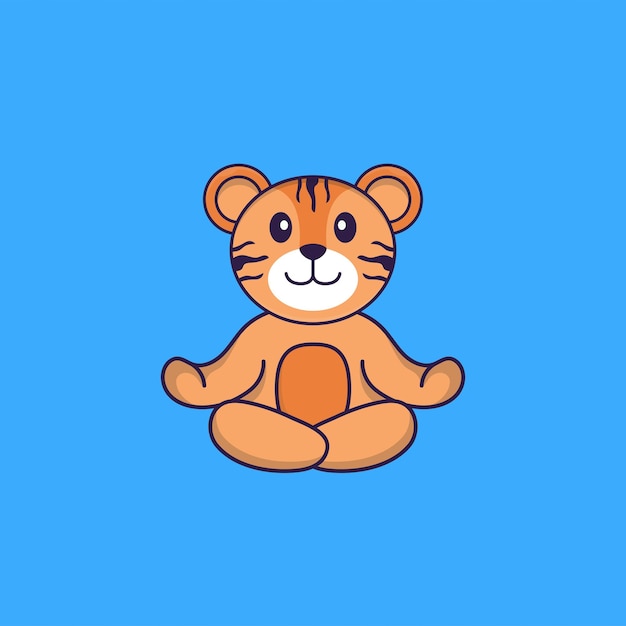 Le Tigre Mignon Médite Ou Fait Du Yoga. Concept De Dessin Animé Animal Isolé.