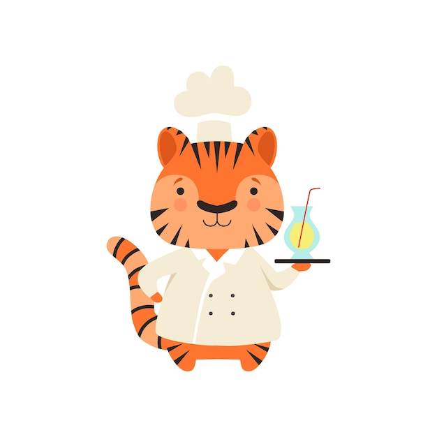 Tigre Mignon En Uniforme De Chef Tenant Une Délicieuse Boisson Dessin Animé Animal Personnage Cuisine Vecteur Illustration Isolé Sur Fond Blanc