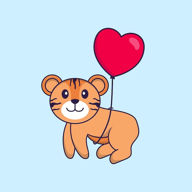 Tigre Mignon Volant Avec Des Ballons En Forme D'amour. Concept De Dessin Animé Animal Isolé.