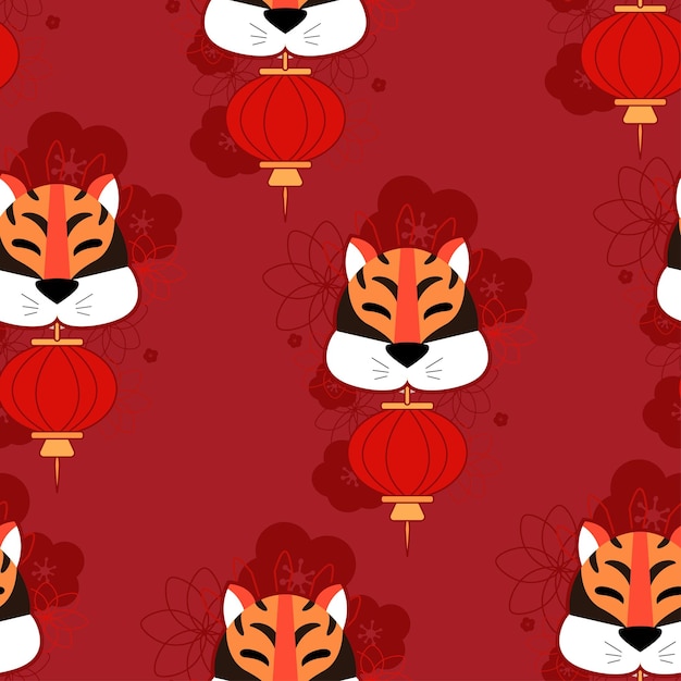 Tigre De Modèle Avec Lanterne Chinoise Et Illustration Vectorielle De Fleurs Sur Fond De Couleur