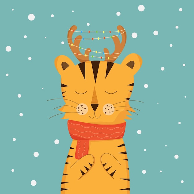 Tigre De Noël Avec Des Cornes De Renne Et Une Guirlande Lumineuse Style De Dessin Animé Mignon