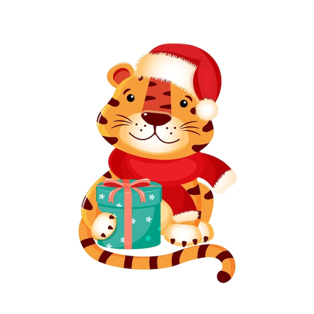 Tigre De Noël Mignon Avec Un Cadeau Se Trouve. Illustration Vectorielle De Nouvel An