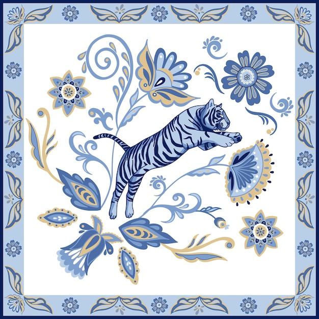 Tigre nordique bleu dans un cadre ornemental avec des éléments floraux asiatiques abstraits paisley oriental abstrait