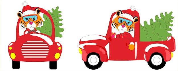 Tigre père noël conduisant une voiture rouge Un tigre en costume du Nouvel An porte un arbre de Noël