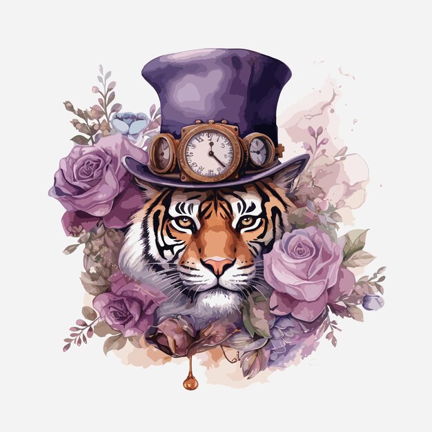 Un tigre portant un chapeau haut avec une horloge et des fleurs autour.