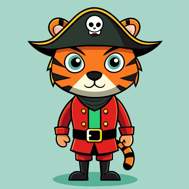 Un Tigre Portant Un Costume De Pirate Dessiné à La Main, Un Autocollant De Dessin Animé Plat Et élégant, Un Concept D'icône Isolé.