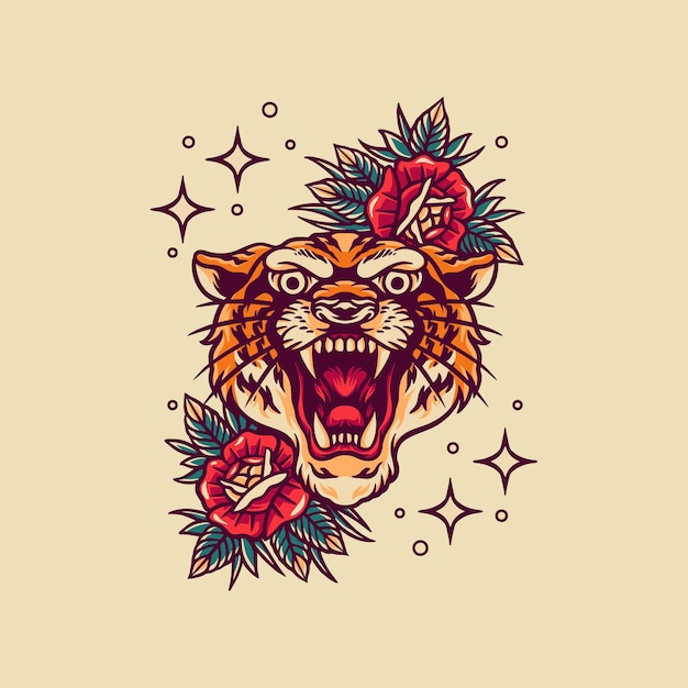 tigre, et, roses, retro, illustration