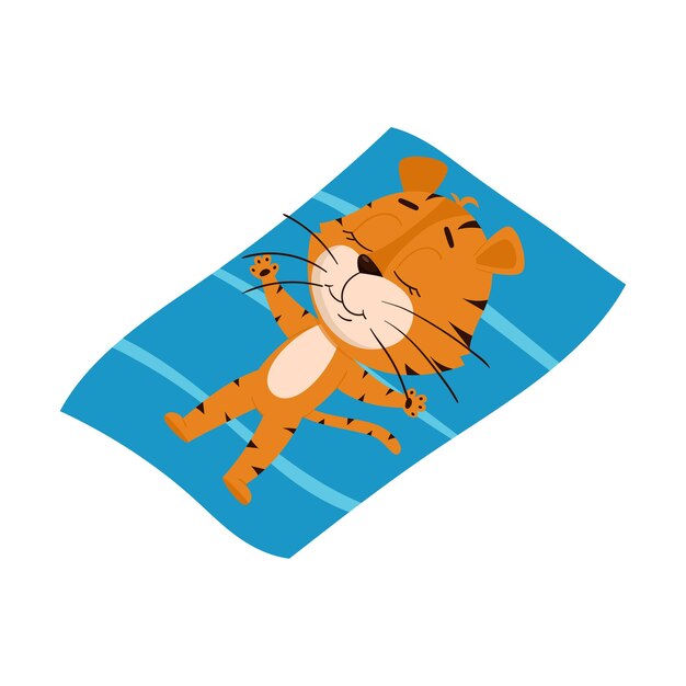 Le Tigre Se Fait Bronzer Au Soleil, Allongé Sur Une Serviette. Personnage De Dessin Animé Mignon.