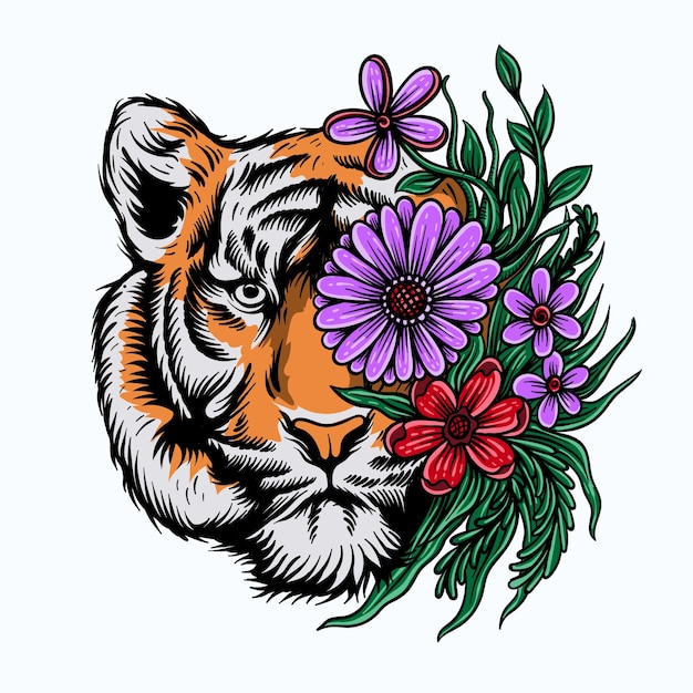 tigre de visage dessiné à la main avec fleur