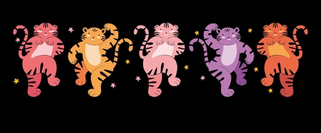 Tigres Mignons Dansant Lors D'une Fête De Vacances. Bannière Ou Carte Horizontale Festive. Animaux De Dessin Animé Coloré