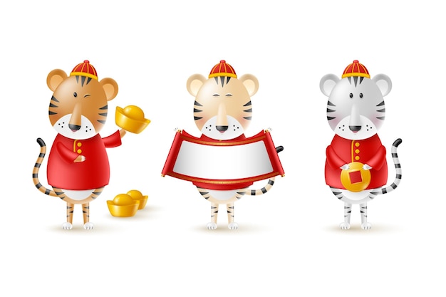 Vecteur tigres mignons du nouvel an chinois. personnages drôles dans le style 3d de dessin animé. année du zodiaque du tigre. tigres heureux avec pièce d'or, lingot et parchemin. isolé sur blanc. illustration vectorielle.