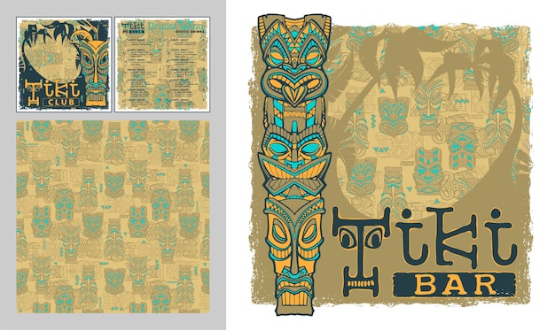 Vecteur tiki bar avec un modèle de menu dans un cadre grunge et un motif sans couture avec tiki