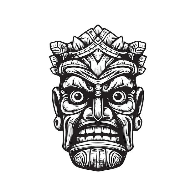 Tiki hawaïen tête en bois logo vintage ligne art concept noir et blanc couleur illustration dessinée à la main