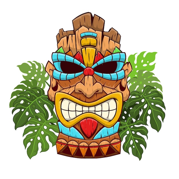 Vecteur tiki mask god avec des feuilles de monstera tropicales