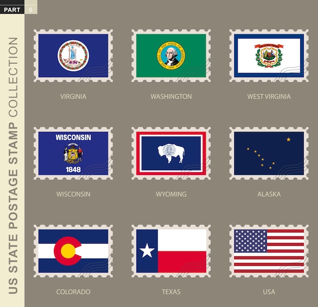 Timbre-poste Avec Drapeau Des états-unis, Collection De 9 états Américains Drapeau : Virginie, Washington, Virginie-occidentale, Wisconsin, Wyoming, Alaska, Colorado, Texas, états-unis