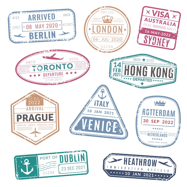 Timbre de voyage. Visa passeport vintage international est arrivé timbres avec texture grunge. ensemble