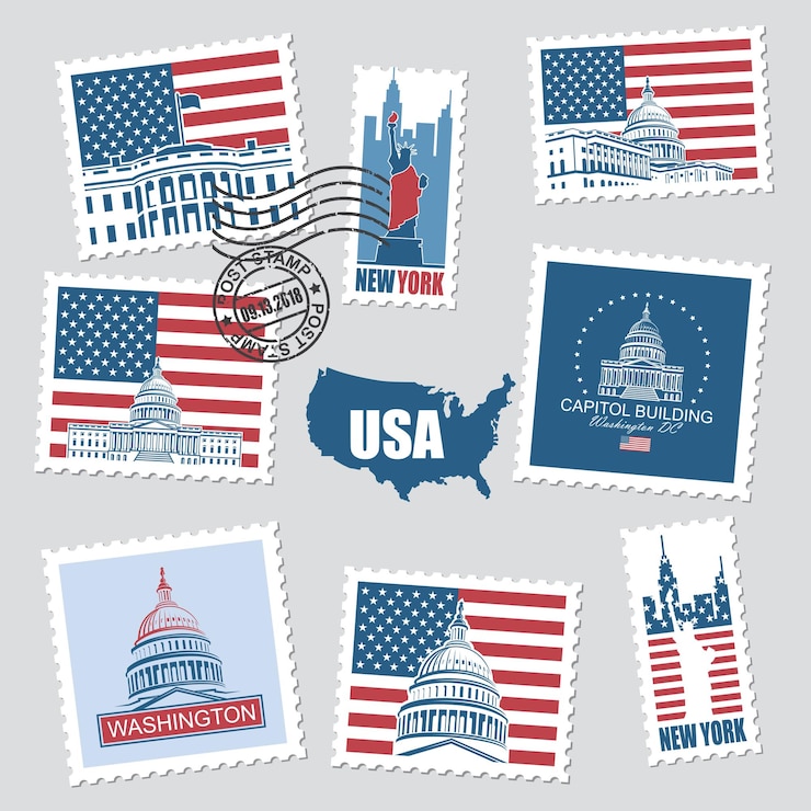 Vecteur timbres-poste avec symboles américains