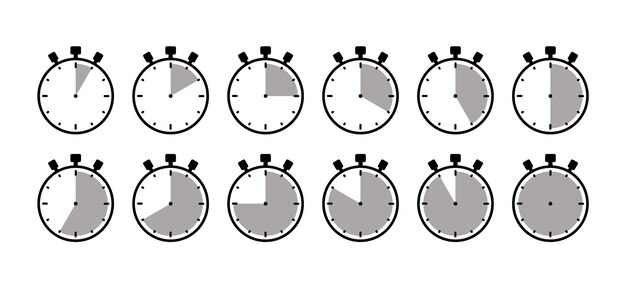 Timers, chronomètres, icônes, horloges rondes avec des minutes différentes, timer de compte à rebours, chronomètre, date limite.