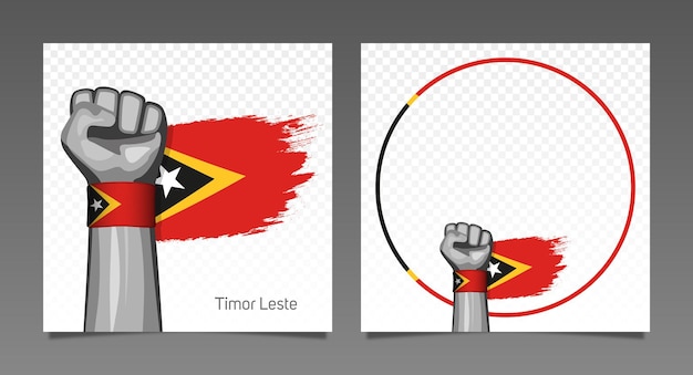 Vecteur timor oriental, drapeau grunge, victoire patriotique, cadre, bannières, ensemble, main levée, dans, air, jour indépendance