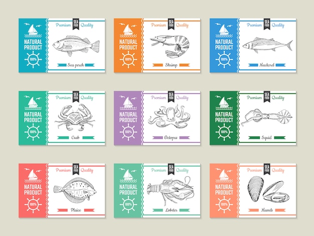 Étiquettes de fruits de mer. Modèle de conception avec des illustrations dessinées à la main de poisson et autres fruits de mer