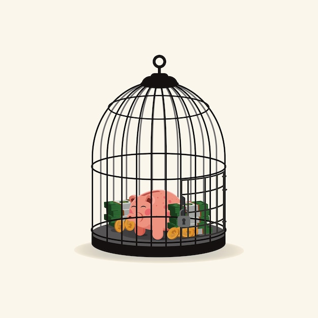 Tirelire et argent à l'intérieur de la cage à oiseaux Pile d'illustration de concept d'argent