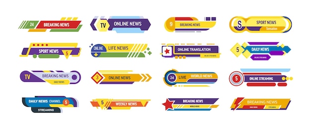 Vecteur titre de la télévision logos de la barre d'actualités chaînes de radio flux d'actualités télévision bannière de la diffusion télévisée en direct
