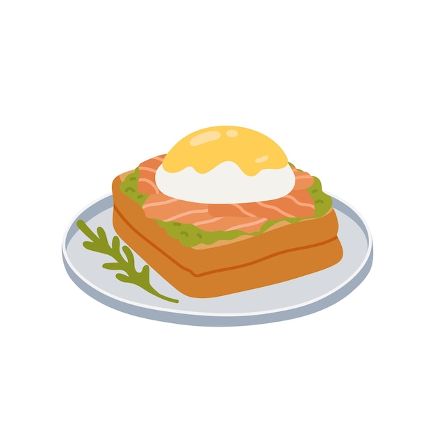 Toast Avec Des Morceaux D'œufs Pochés De Saumon, D'avocat, De Ragoule, De Sauce Bénédict, De Délicieux Sandwichs Servis Sur Une Assiette, De La Nourriture Pour Le Petit Déjeuner, D'une Illustration Vectorielle Plate Sur Fond Blanc.