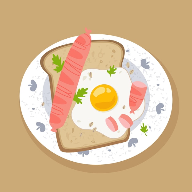 Vecteur toast avec oeuf et saucisse, saucisse sur une assiette blanche avec décor. illustration de nourriture vectorielle, petit déjeuner traditionnel en amérique. dessin d'aliments sains, copieux et délicieux.