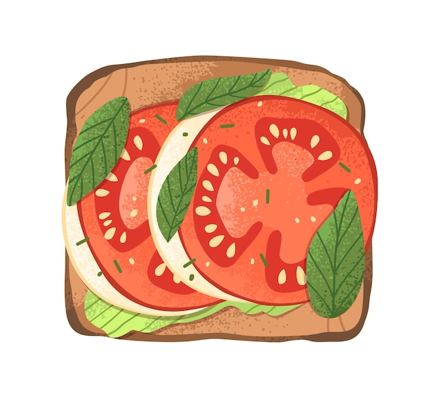 Toast de petit-déjeuner avec purée de tomates, mozzarella, basilic et avocat. Sandwich italien grillé aux légumes. Collation végétarienne. La nourriture saine. Illustration de vecteur plat coloré isolé sur fond blanc