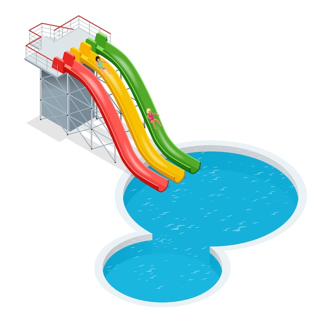 Vecteur toboggans aquatiques isolés sur fond blanc. illustration isométrique 3d plate. aire de jeux du parc d'attractions aquatique