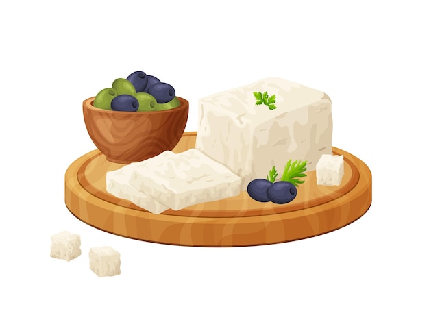 Vecteur tofu sur planche de bois soya olive composition de feta tranchée dans le style dessin animé végétarien nourriture saine