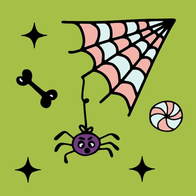 Toile d'araignée araignée os bonbons halloween doodle clipart vecteur