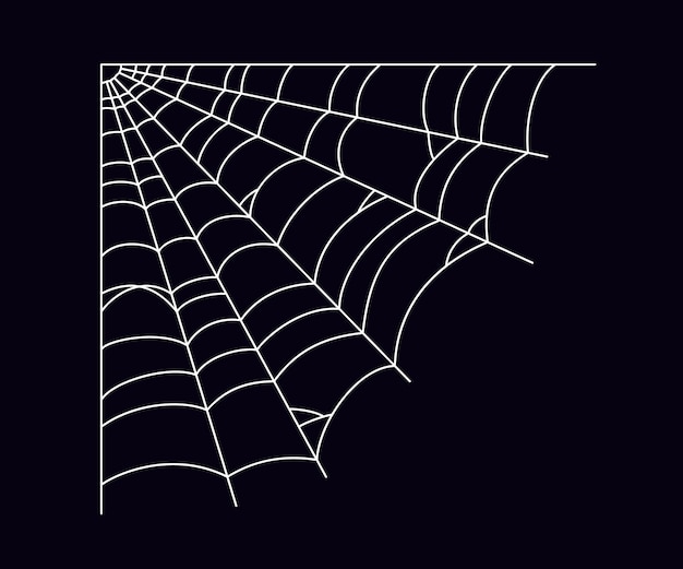 Toile d'araignée effrayante dans le coin. Silhouette de toile d'araignée blanche isolée sur fond noir. Toile d'araignée dessinée à la main pour la fête d'Halloween. Illustration vectorielle.